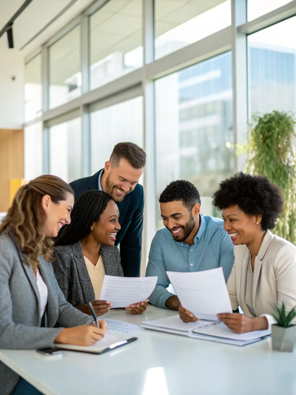 A diverse group of professionals collaborating on career goals in a modern, bright office, symbolizing career transition coaching.