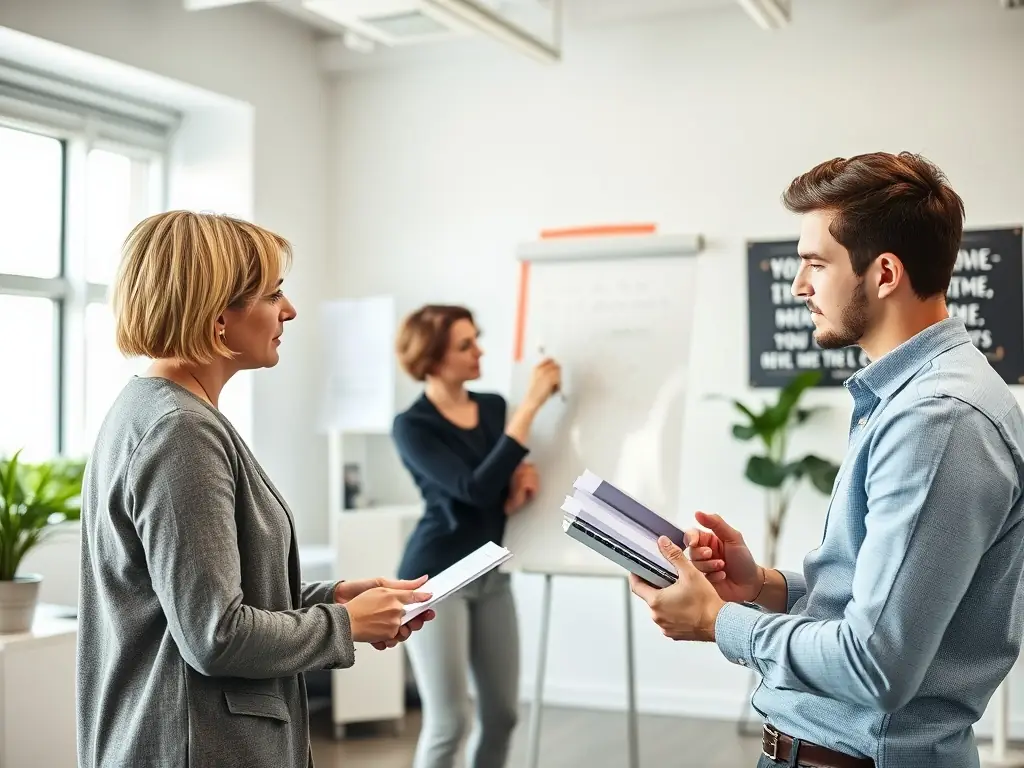 A focused career coach is guiding a client through a career planning session, using a whiteboard to map out potential career paths and strategies in a modern office setting.