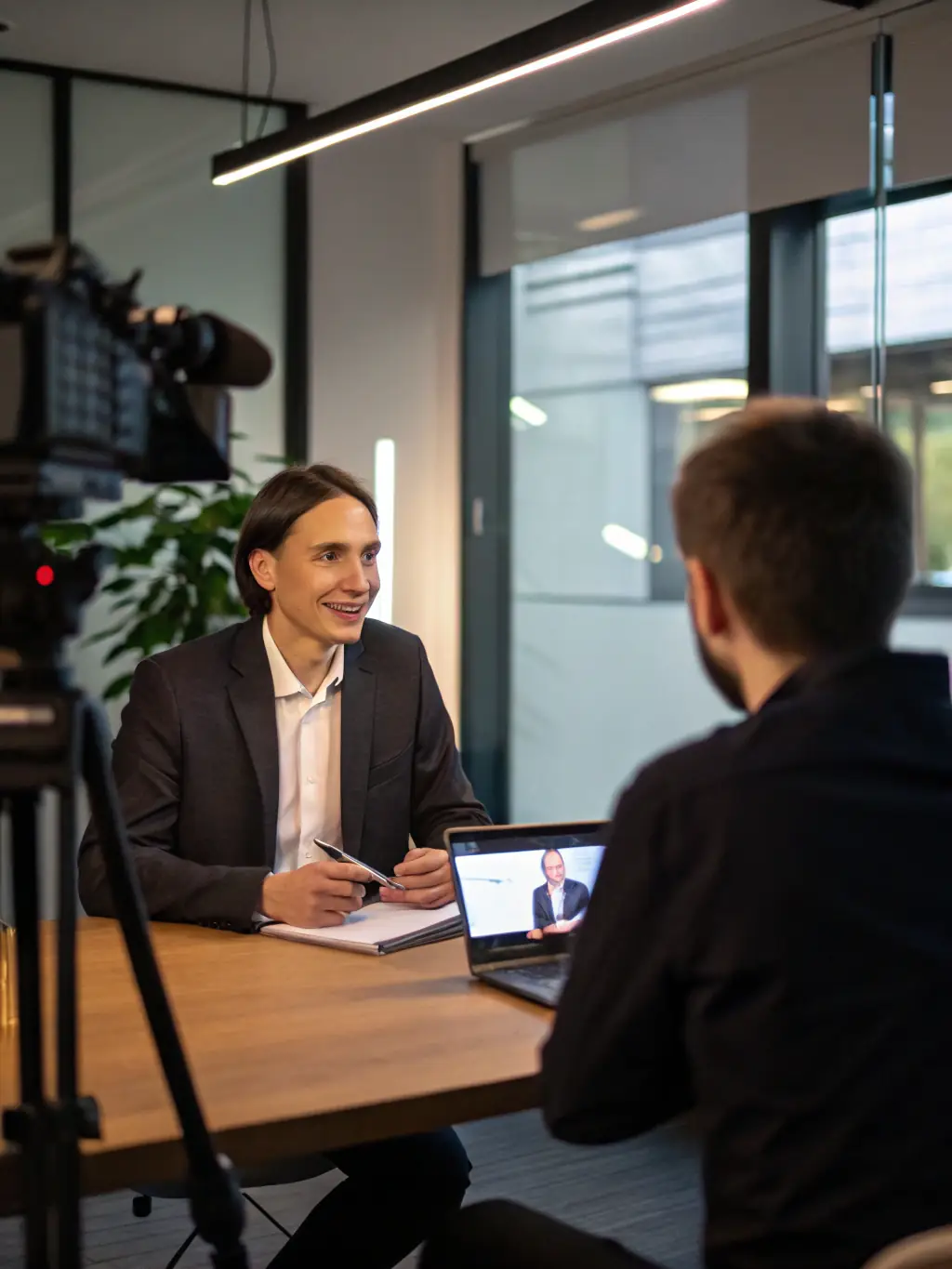 A candidate confidently answering interview questions in a modern office setting, showcasing strong communication skills.