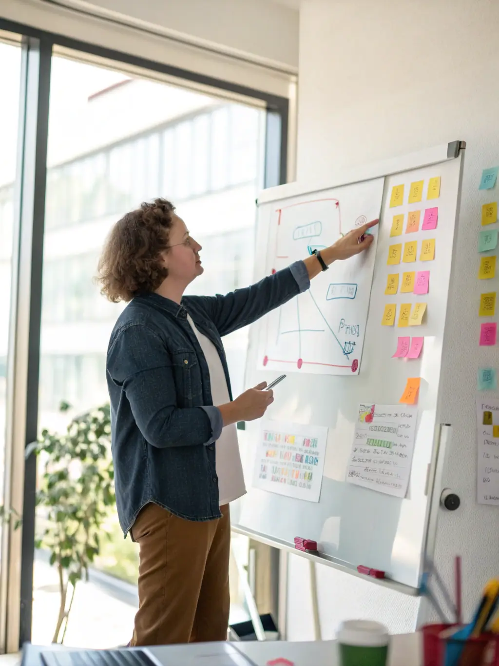 A person confidently presenting a career plan on a whiteboard, surrounded by supportive colleagues.
